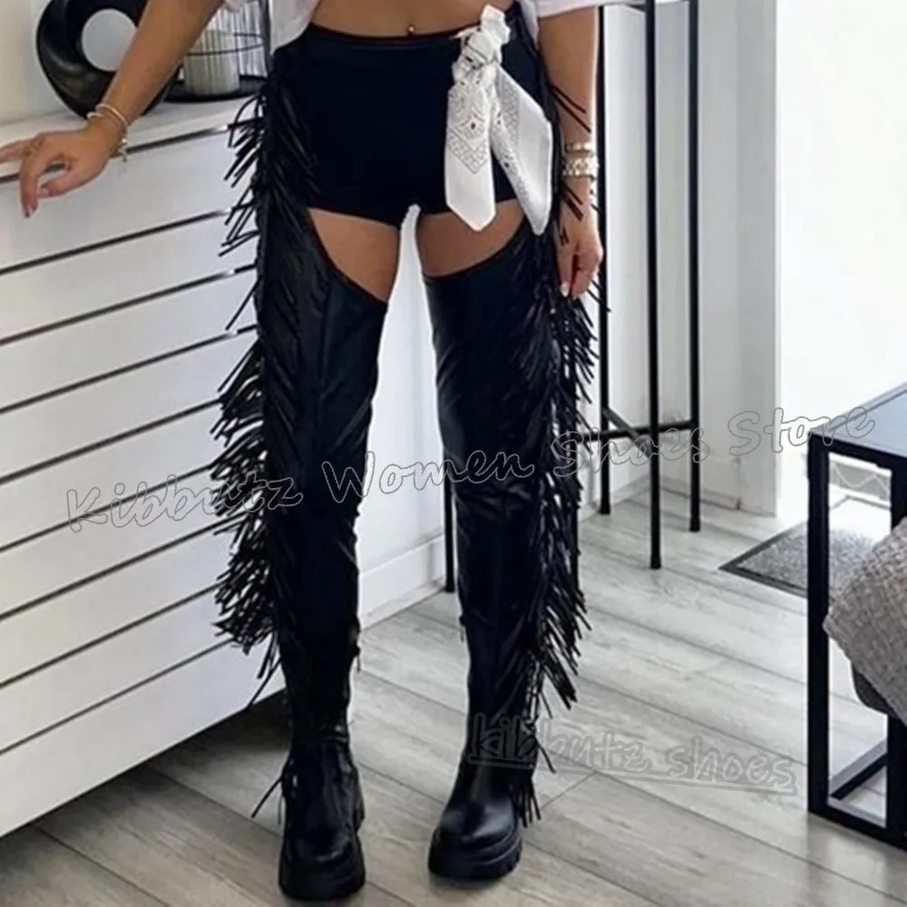 

Fringe Boot Over The Knee Round Toe Flat with Side Zipper Solid Color Leather Fashion Novelty Concise Novelty Sexy Spicy Girls