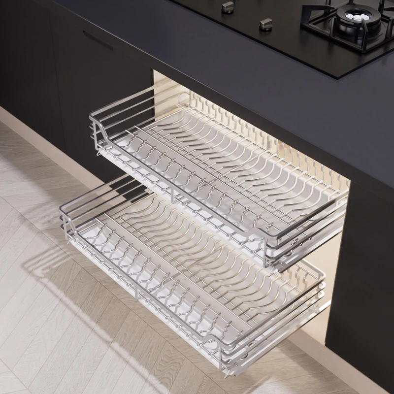 35 37 shallow depth shallow cabinet basket 304 stainless steel kitchen cabinets dishes basket double drawer buffer rail