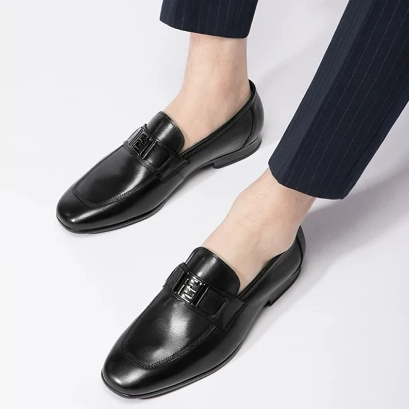 

Summer New High Quality Top-layer Cowhide Business Casual Leather Shoes For Men Luxury Strap Loafers Dress Shoes Black