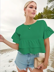 Simple And Fashionable Frilly Round Collar Ruffled Elegant Shirt Spring And Summer Casual Short-Sleeved Blouse