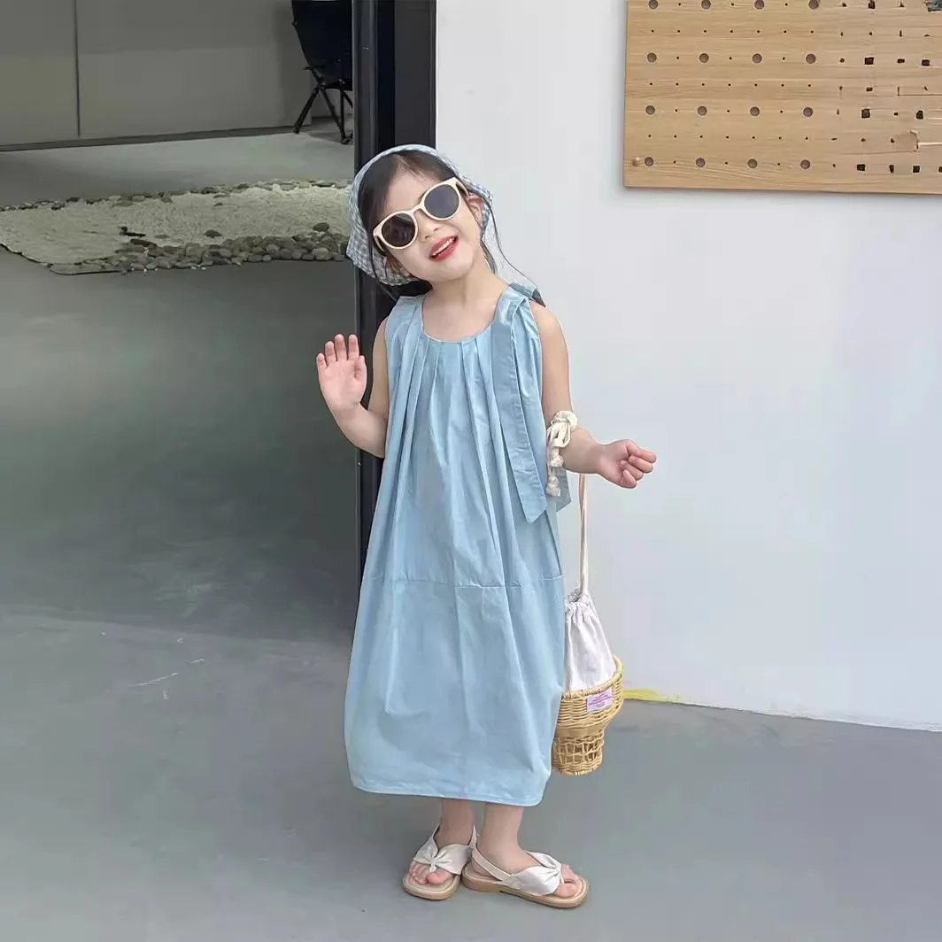 Children Dress 2024 Summer Korean Style Girl Halter Careful Shoulder Bow Simple Crease Temperament Sundress Summer Skirt