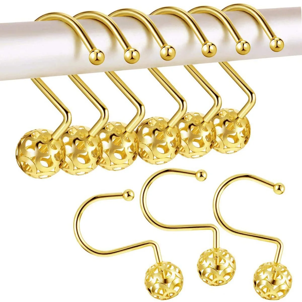 Gold Shower Curtain Hooks Rings,Set of 12 Decorative Shower Curtain Hooks,Metal Rustproof Shower Rings for Bathroom