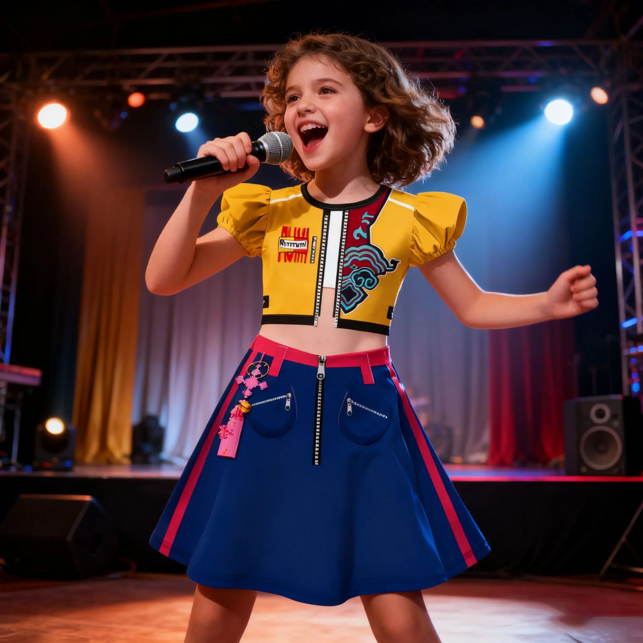 

Girls Anime KPop Demon Rumi Cosplay Costume Halloween Party Idol Rumi Hunter Yellow Blue 3D Printed Pattern Flying Sleeve Dress