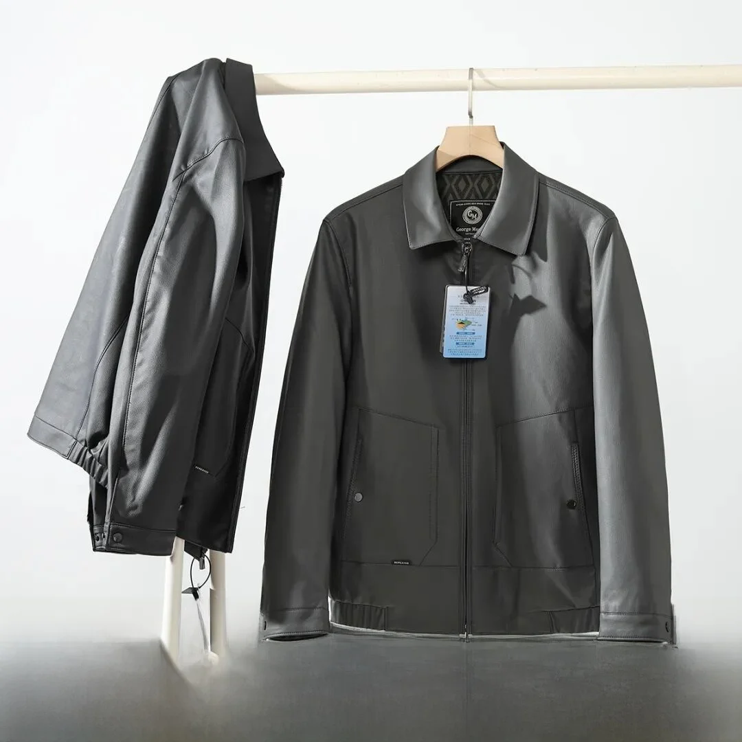

High-End Quali Men's Faion Leather Jaet Collared Casual Outerwear Waterproof Stand Fit Long Sve Zipper Closure