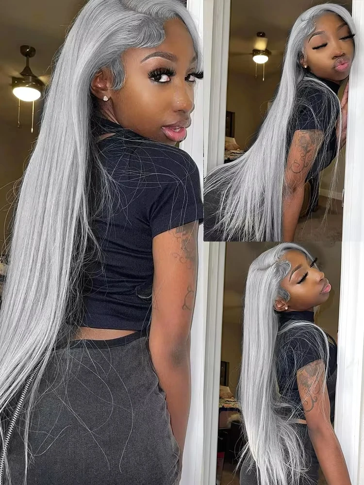 Wig Depan Renda Lurus Abu-abu Perak 100% Rambut Manusia Berwarna 13X6 HD Wig Frontal Renda Transparan Dikelantang Pra Dipetik untuk Wanita