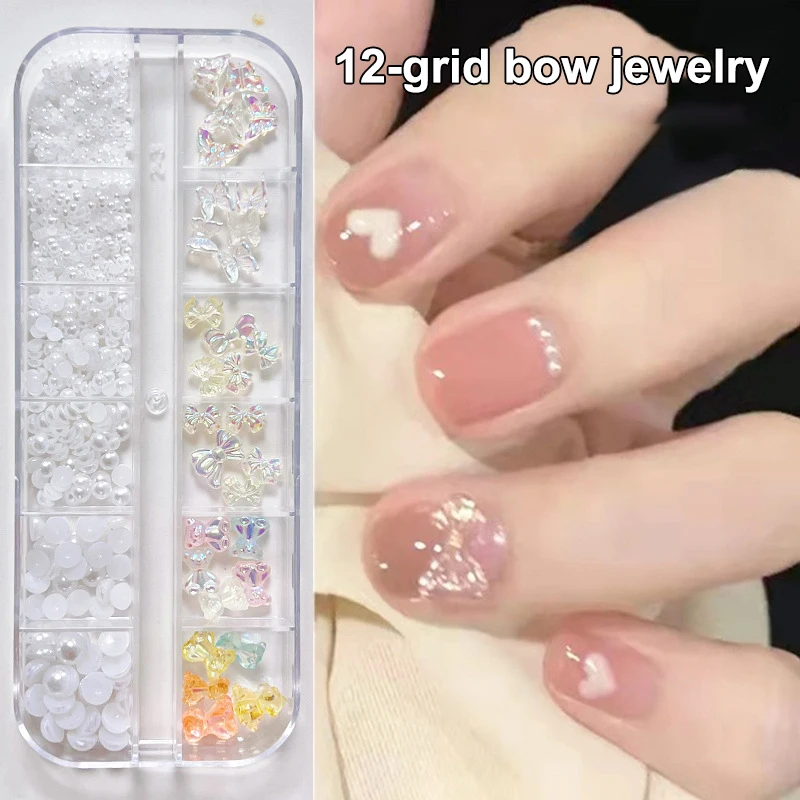 12 Grids/Box 3D Nail Art Charms Colorful Pearls Beads round Jewelry Manicure Craft Rhinestones Accessories for Decoration