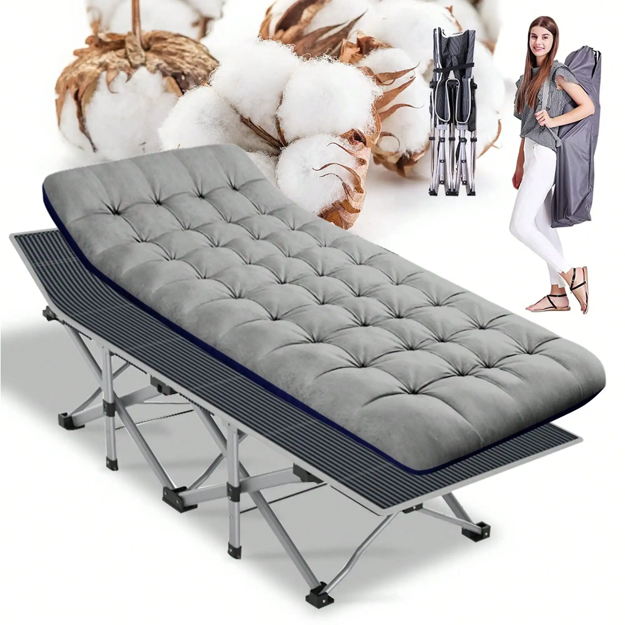 

Folding Camping Cot W/Mat For Adults, Heavy Duty Outdoor Bed With Carry Bag,1200 D Layer Oxford Travel Camp Cots 75x28IN