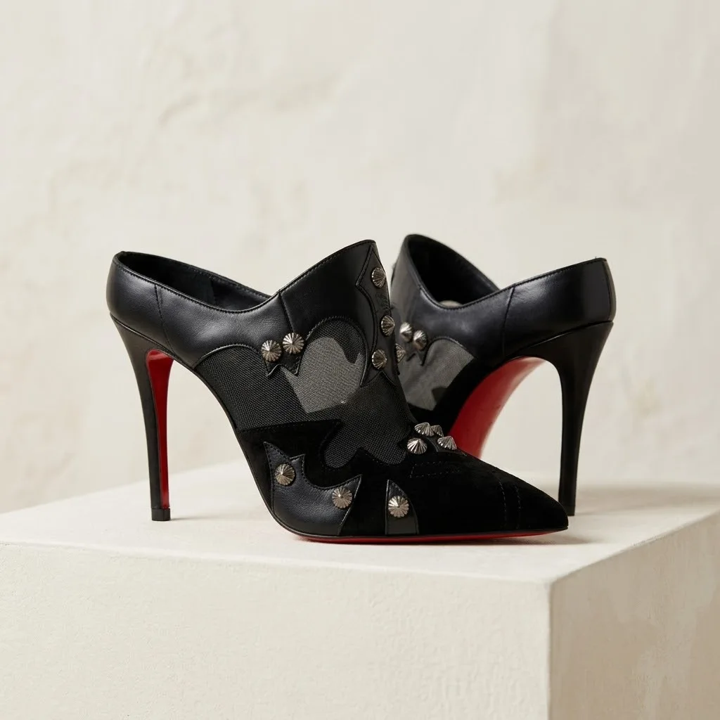 Women Black Mesh Patchwork Mule Heels Metal Spiked Rivets Pointed Toe Slingback Stiletto Sandals Classic Red Sole Punk Club Shoe view 4