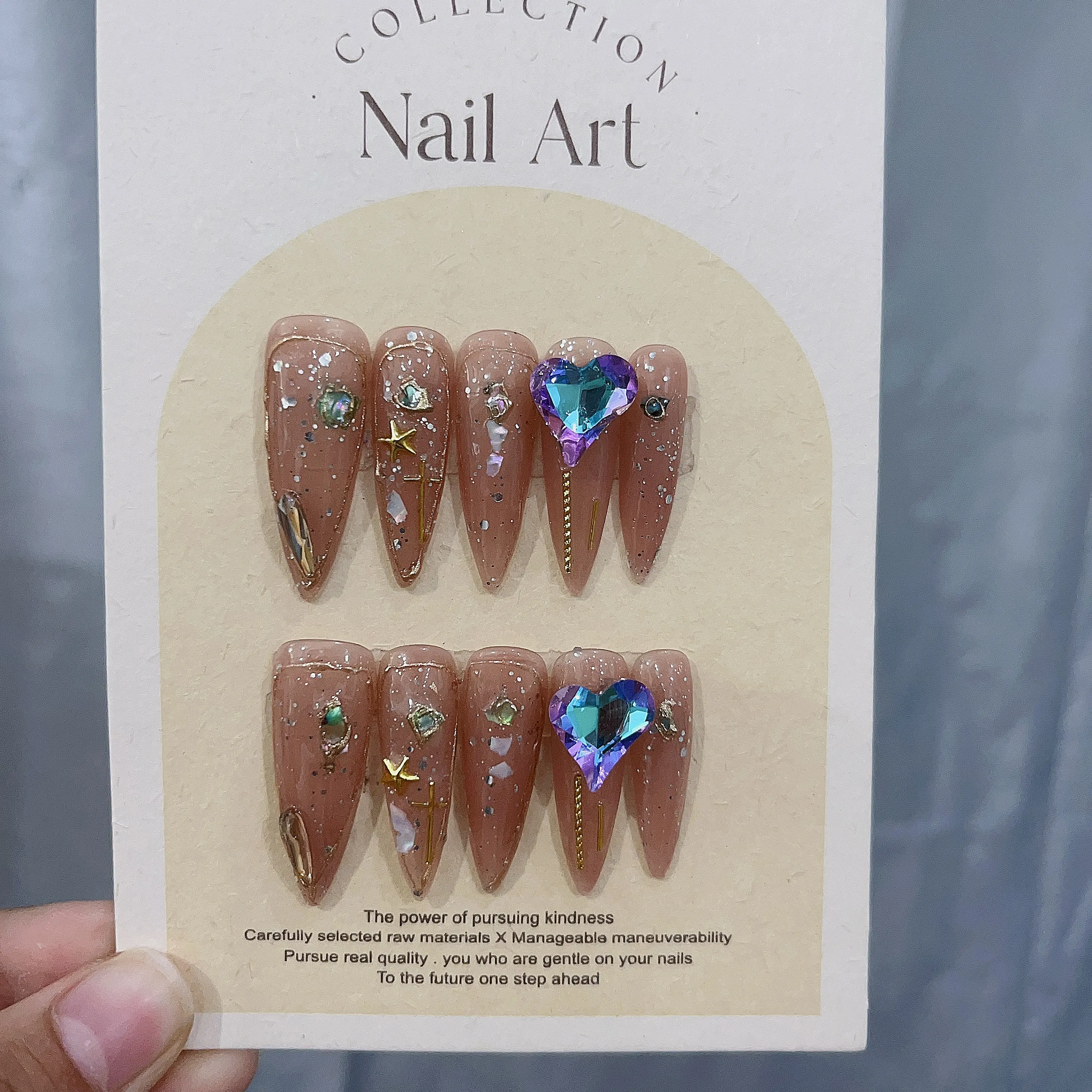 Handmade Almond-shaped Press On Nails Set with Heart Diamond for Wedding with Sweet and and Romantic,Luxurious and Gorgeous