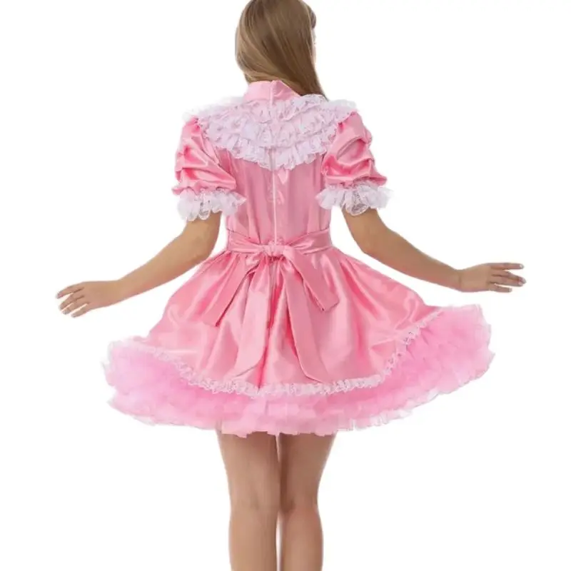 French Sexy Adult Customized Fetishist Crossdressing Sissy Pink Mid High Neck Bow with Lace Embedding on Chest and Fluffy Dress