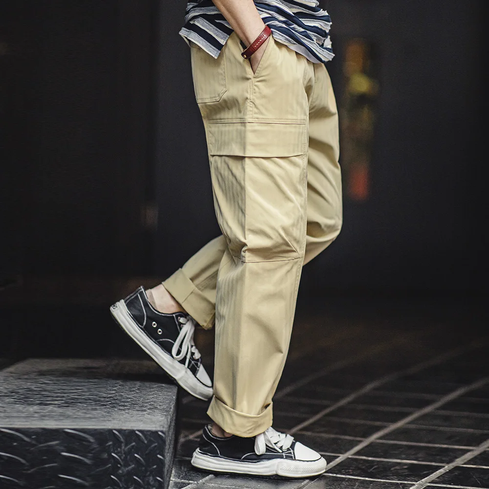 Maden Men's Vintage Multi-pocket Casual Cargo Pants Vibe Herringbone Long Pants Straight Leg Loose Trousers for Spring Autumn