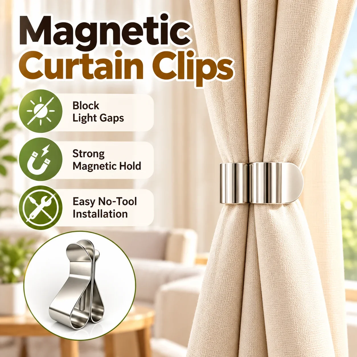Magnetic Curtain Clips Strong Hold Light Blocking No-Tool Curtain Gap Closers for Bedroom Living Room