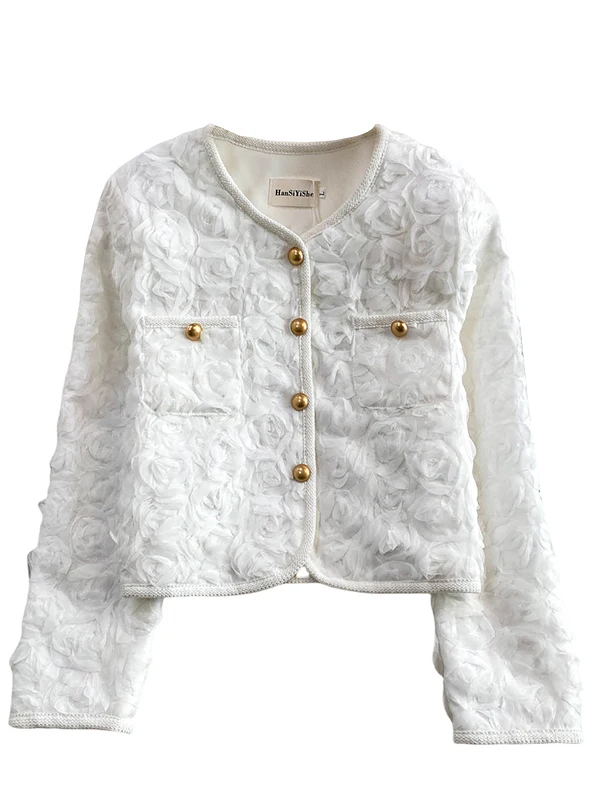 Sweet Fraance Sle Round Ne Ort Oberbekleidung Damen Luxus Design Metall Bule Top Floral 3D Verzierung Slim Fit Mantel