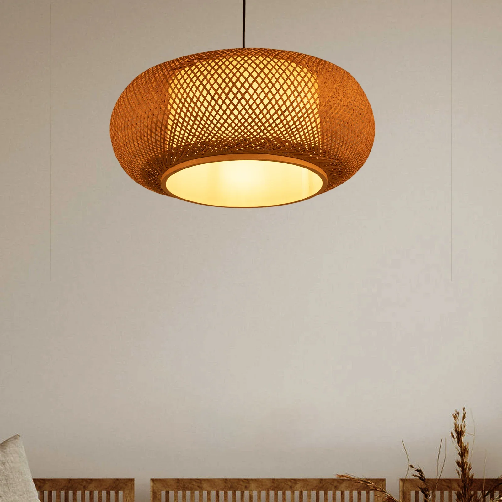 23.5 Inch Bamboo Pendant Lamp Cage Type Pendant Lights E26/E27 Chandelier Light Fixture 40W with 39.3