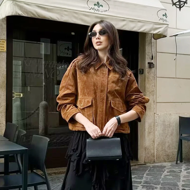 

Women's Bomber Jackets Chic Suede Zip Up Jacket Spring 2026 Cropped Pockets Long Sleeve Coat Women Loose Lapel Jacket Streetwear