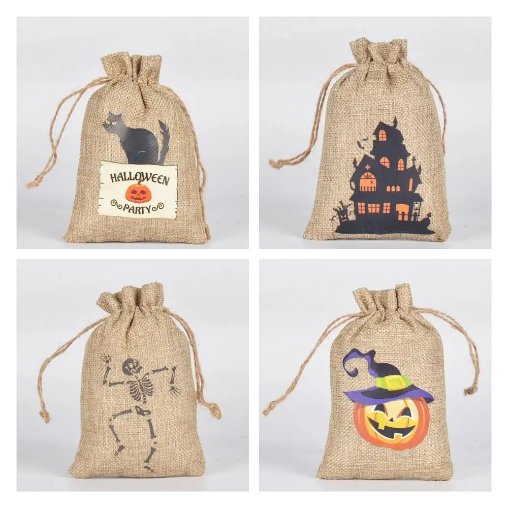 Bolsa con cordón para Halloween, paquete de lino con estampado de calabaza, fantasma, creativo, vacío, plano, 5 piezas