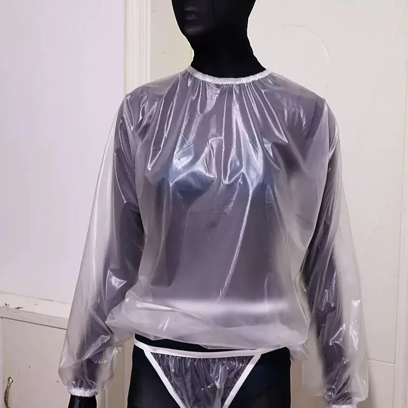 New PVC Transparent Soft Silent Long Sleeved Plastic Round Neck Shirt Pullover T-shirt, ABDL Waterproof Briefs Couple Erotic Set