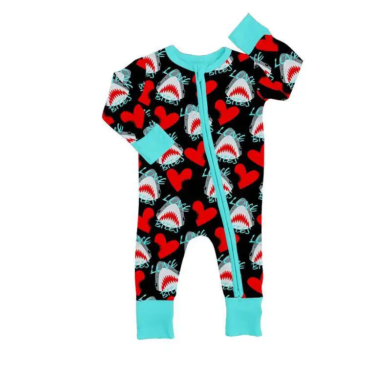 Valentine's Day boutique children's set long-sleeved heart shark print trousers girls and boys pajamas set baby zipper romper