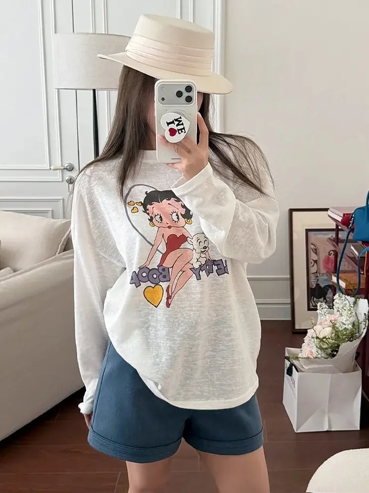 Korean Style Long Sleeve T-Shirt Women's Loose Casual Printed Top Summer Spring Fashionable Cotton Polyester Sun Protection