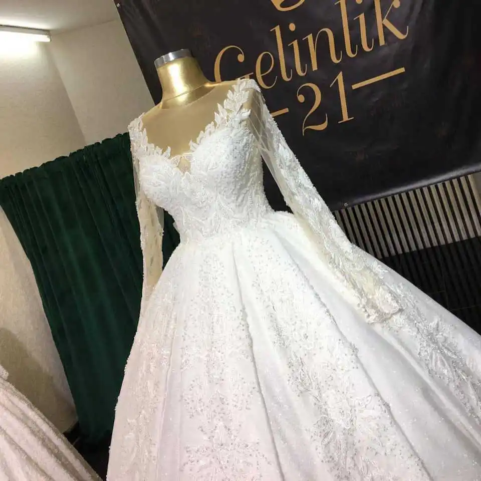 Vestidos de novia de encaje elegantes personalizados, vestido de baile de manga larga con cuello en V, apliques de cuentas, vestidos de novia personalizados