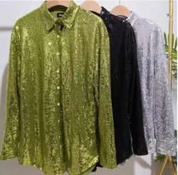 Glitter Blouses Long Sleeve Top Sequin Shirts Women Y2K Solid Shirt Autumn Winter 2023 Chic Streetwear Green V Neck Blouse