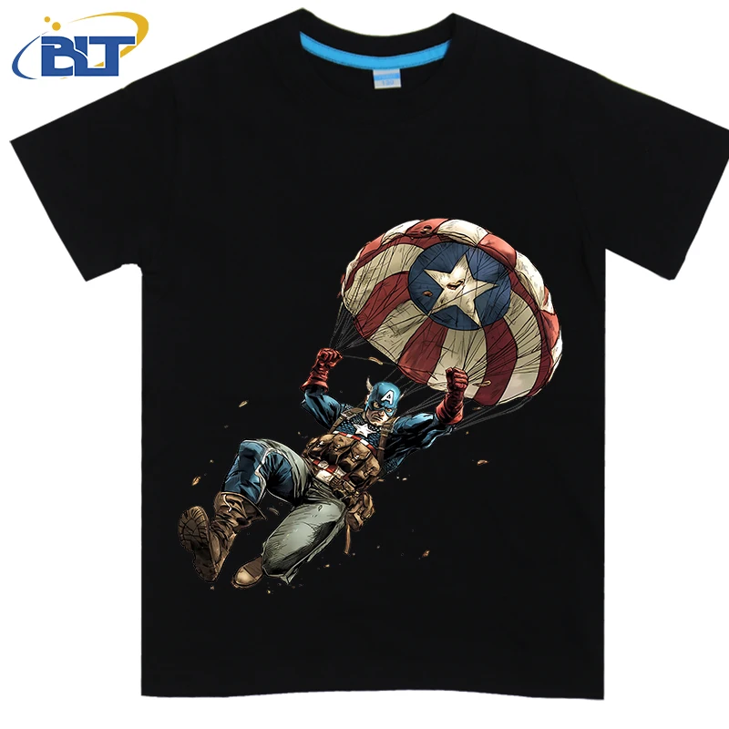 Captain America parachuting print kids T-shirt pure cotton short-sleeved casual cartoon top for boys and girls