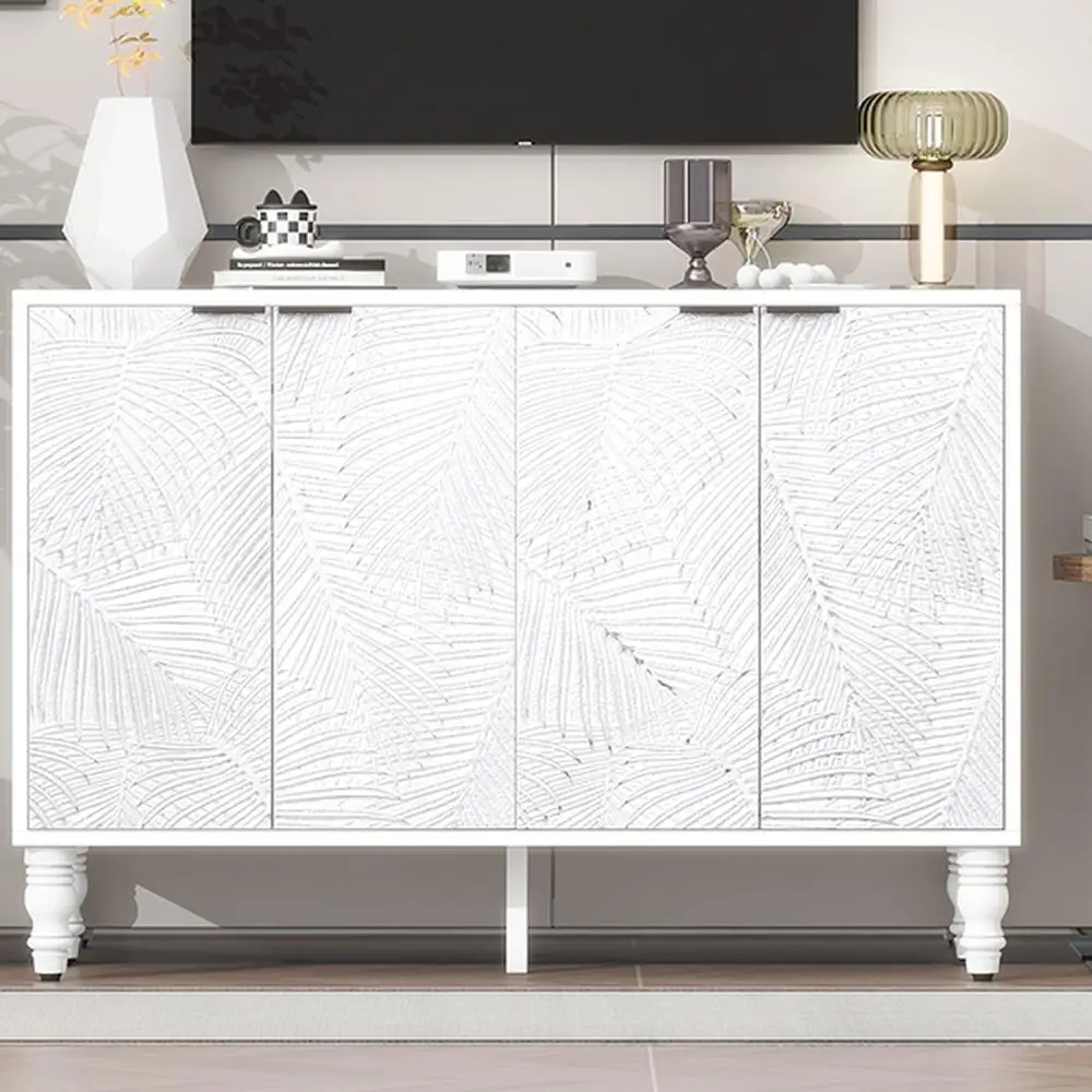 وحدة تحكم الوسائط الحديثة بحامل تلفزيون مع أبواب بنمط أوراق الشجر 47.2 بوصة مركز ترفيه 2 خزائن تخزين أرجل خشبية صلبة لغرفة المعيشة