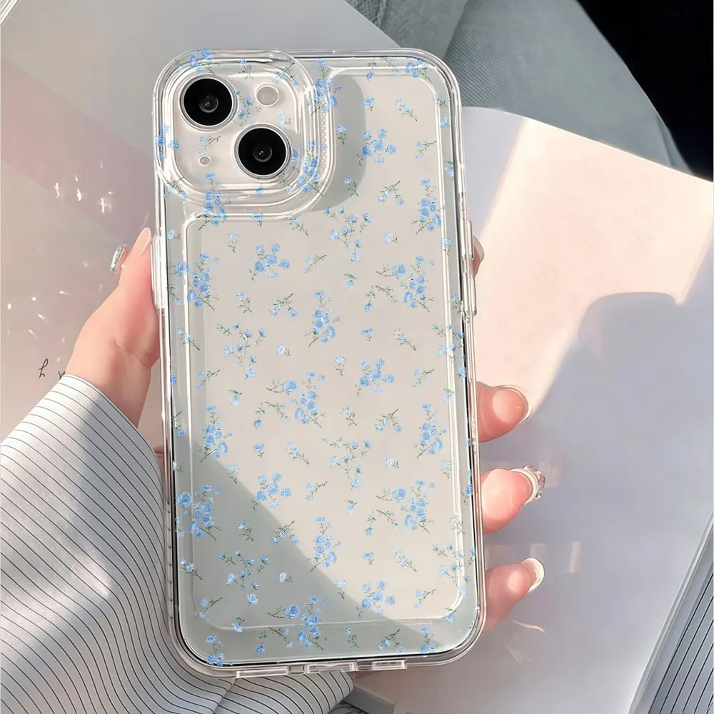 Watercolor Blue Floral Clear Phone Case For Samsung Galaxy S26 S24 S25 Plus FE S23 S22 Note 20 A36 A54 A55 A26 A56 A53 A35 Cover