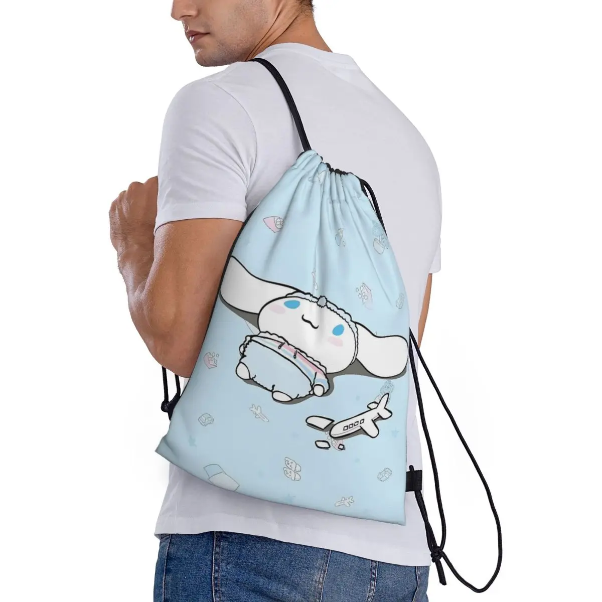Mochila personalizada Cinnamoroll con cordón, bolsa de gimnasio deportiva para mujeres, hombres, mochila de entrenamiento para perros blancos