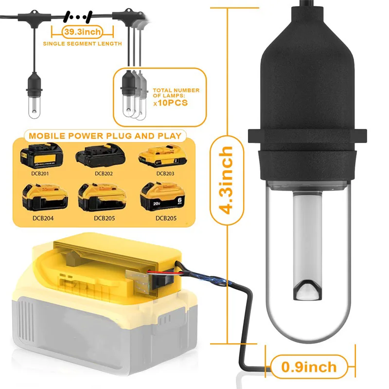 LED Outdoor String Light for Dewalt 18V 20V Li-ion Battery Portable Hanging String Lamp With 10Pcs LED Bulbs for Balcony Gazebo