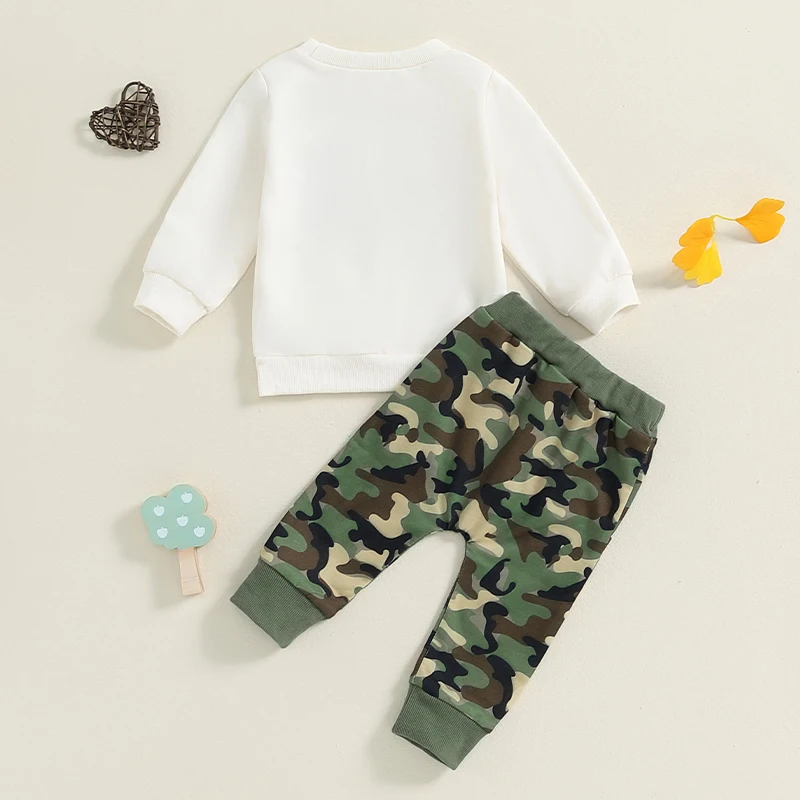 2024-06-27 Lioraitiin Baby Boys Pants Set, Long Sleeve Embroidery Letters Sweatshirt with Camouflage Sweatpants Infant Clothes