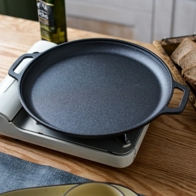JUSTINLAU Double-Ear Frying Pan Cast Iron Eggs Steak Skillet Thickened Non-stick Pancake Grilled Meat Pans Home Barbecue Tools