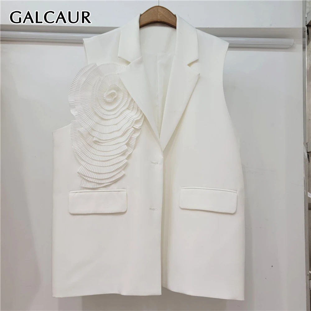

GALCAUR White Spliced 3D Flowers High Street Jacket Female Lapel Sleeveless Slimming Temprament Basics Women's Jackets Fashion