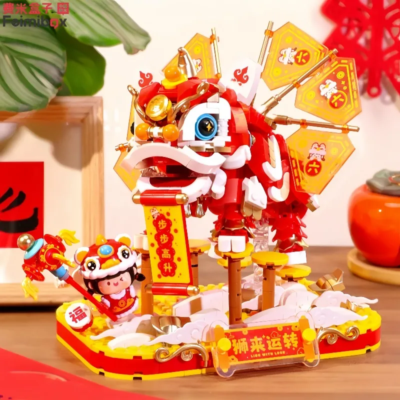 

Feimibox Lion Dance, строительные блоки, 3D сборка, кирпичные блоки, детские игрушки, креативное украшение для дома, экшн-модель, подарок