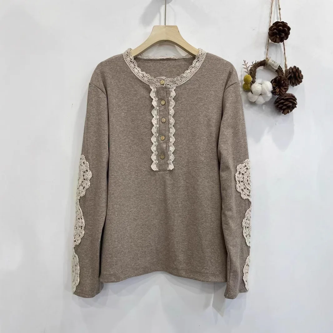 Japanese Sweet Mori Girl Style Lace Patchwork Solid Color Base T-Shirts Women Spring Autumn O-Neck Long Sleeve Casual Tops