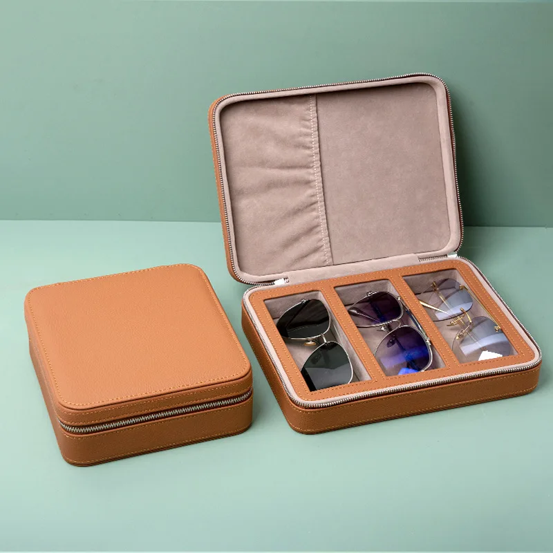 

Leather Sunglasses Organizer Case Multi-Slot Portable Travel Glasses Storage Box Crush-Proof Display Holder with Zipper Gift Box