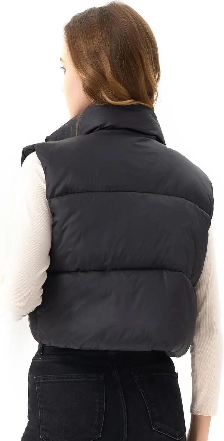 Denim Vest Women\'s Cropped Puffer Vest Lightweight Sleeveless Warm Vests for Women Winter Stand Collar Padded Gilet