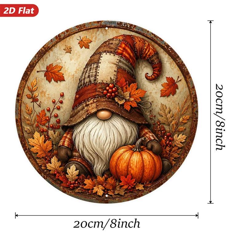 2D Flat, 1pc Autumn Gnome Harvest Round Metal Sign Wall Art, Home Decor, Patchwork Gnome Hat, White Beard, Orange Pumpkin, Falli