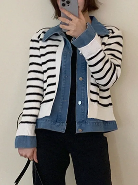 

Retro Patchwork Denim Jaet Chic Versatile Anti-Aging Design Sense Trendy Top for Women Autumn Long Sve Collar Singl...