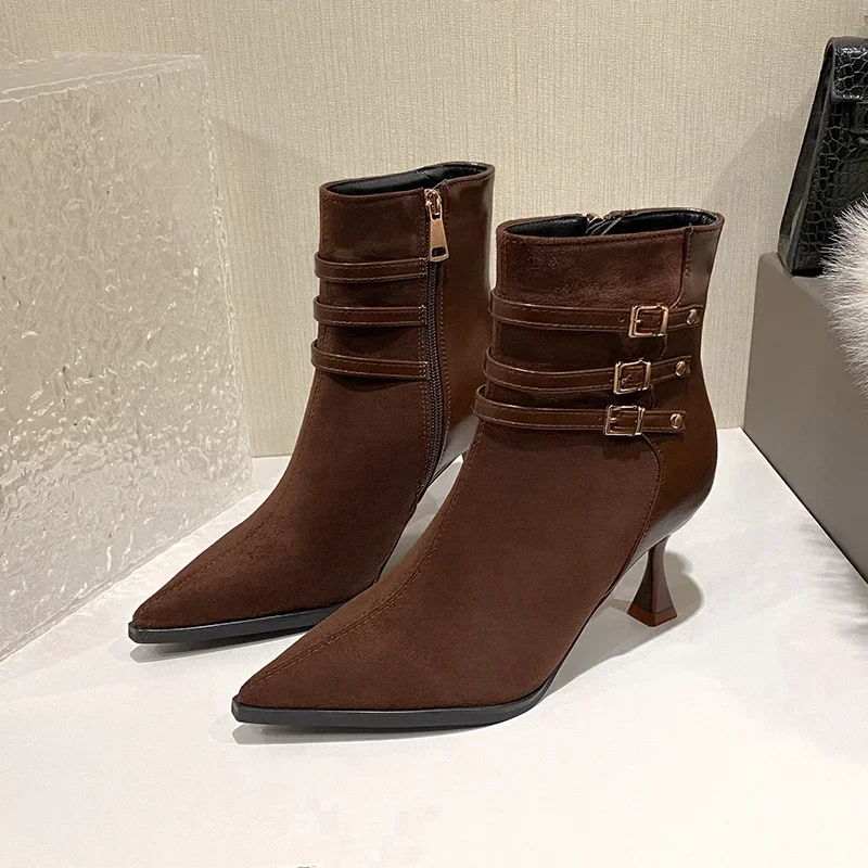 

Fall Winter Scrub Suede Pointed Toe Stiletto Heels Plus Fleece Warm Low Boots Skinny Boots Booties Women