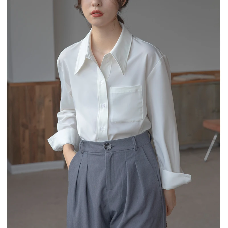 

Faionable White Long Sve с острым воротником, женские универсальные брюки, корейская версия, смесь полиэстера прямого кроя