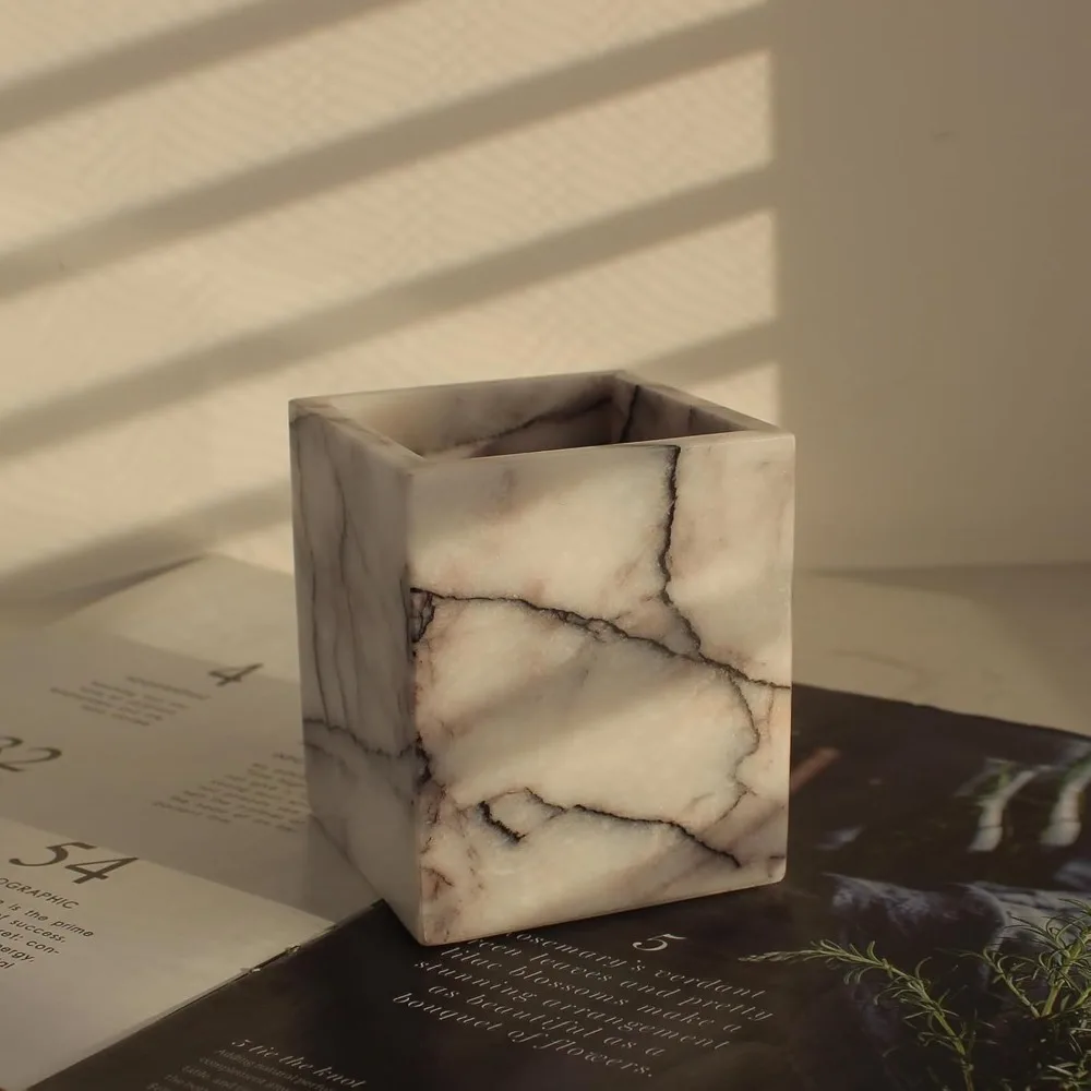 Soportes de cepillo de dientes de mármol lila natural para baño, organizador de encimera de soporte de cepillo de maquillaje de mármol