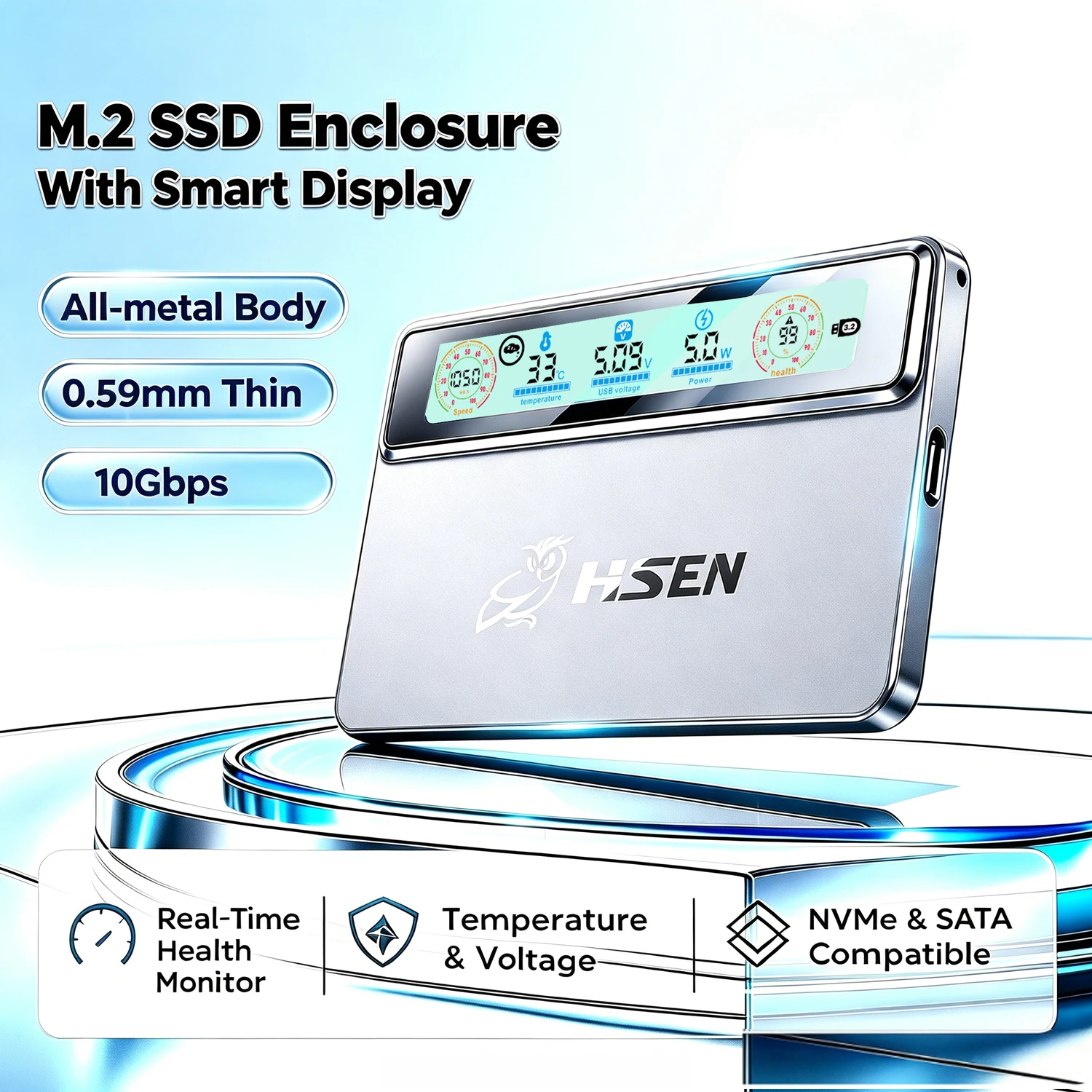M.2 SSD エンクロージャ USB 3.2 Gen2 10Gbps スマートディスプレイ搭載、NVMe PCIe & SATA 2230/2242/2260/2280対応 外付けSSDケース