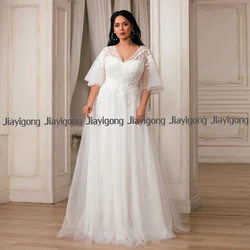 Romantic Princess Wedding Dresses Plus Size Customized Batwing Sleeves V Neck Tulle A Line Sweep Train Bridal Gown Abito Sposa