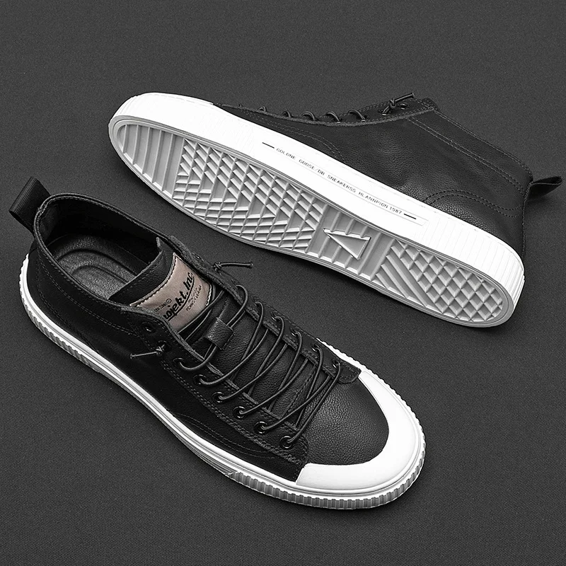 100% Genuine Leather Shoes Men High top Footwear Fashion Street Style Black White Shoes Mens Casual Shoes Big Size 45 KA4326