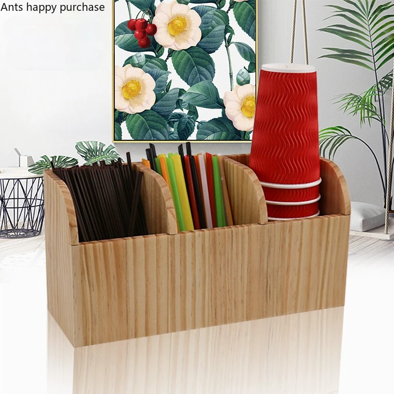 Bamboo Wood Acrylic Cup Holder Coffee Milk Tea Shop Three Grids Cup Rack Straw Storage Rack Organize Box Cup Frame Cup Container