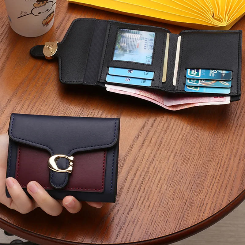 2026 New Versatile Fashionable Cute Small Wallet Women's Cropped Color Blocking Foldable Coin Clip Buckle Compact Handheld Bag