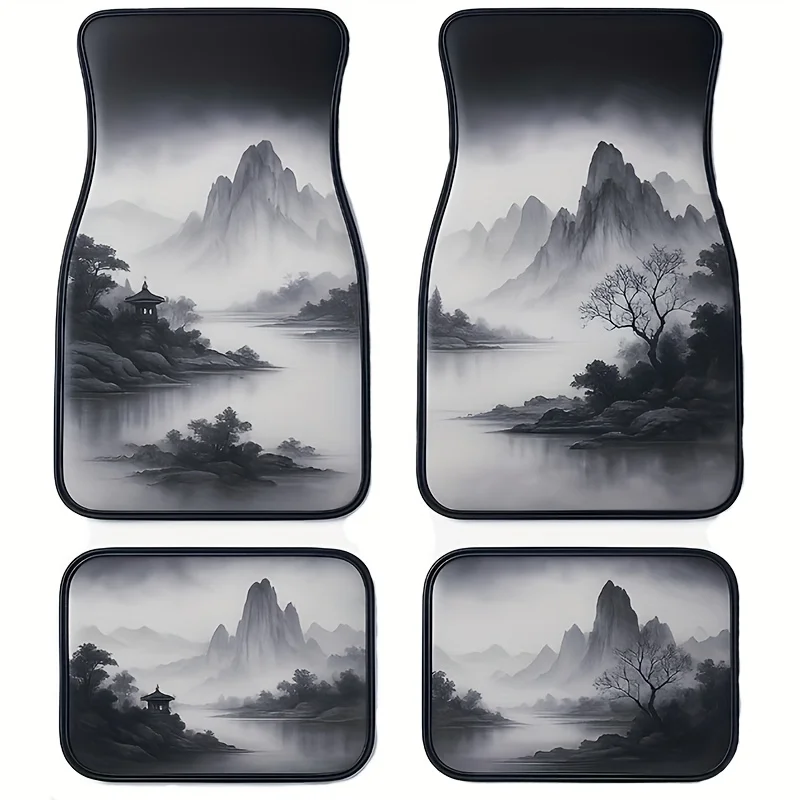 

4pcs Car Floor Mats Set, Printed With Landscape Lantern Pattern, Suitable For All Models Of Polyester Fiber Material, Stylish An