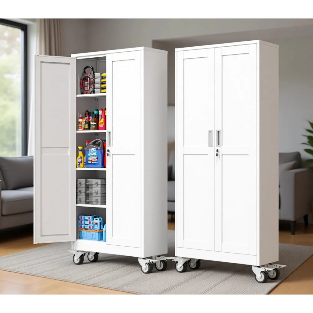 71'' Tall Metal Storage Cabinet, 2 Doors, 4 Adjustable Shelves, Home Office & Warehouse, Assembly Required, White