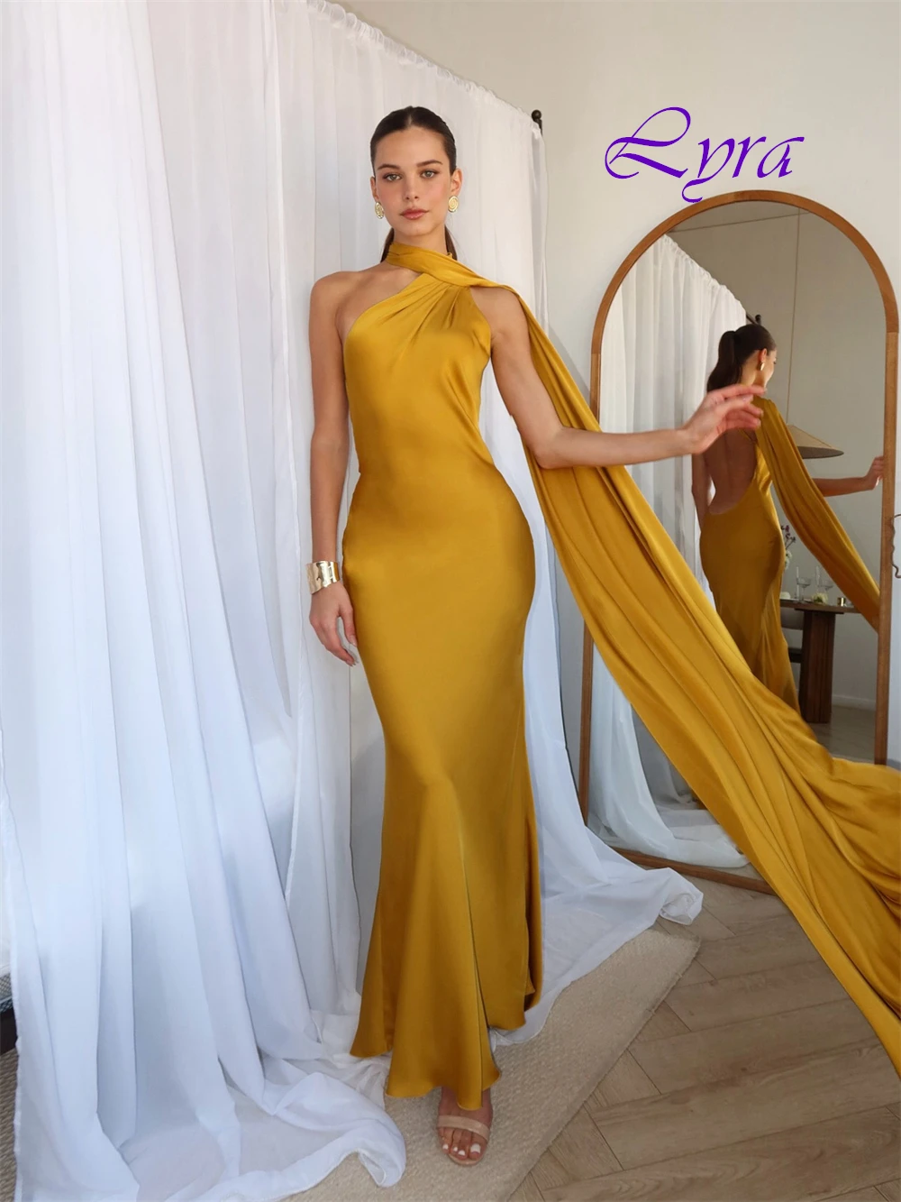 فستان سهرة بسيط مخصص ومثبت للمناسبات الخاصة من الساتان الرسمي وفساتين كوكتيل بأربطة من الخلف